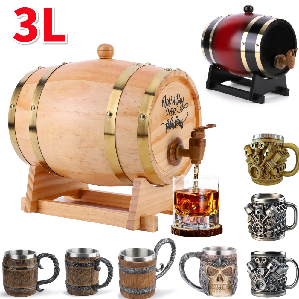Wine Beer Whiskey - 3L Wooden Whiskey Barrel with Stand